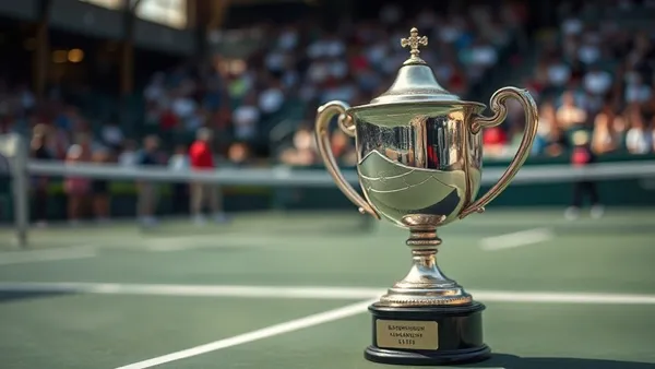 Troféu de tênis sobre quadra de saibro com luz dourada de fim de temporada