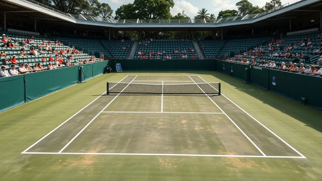 Quadra de saibro de Roland Garros com bola e raquete ao lado da linha de fundo