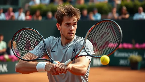 Quadra de saibro com jogador de tênis em posição de forehand