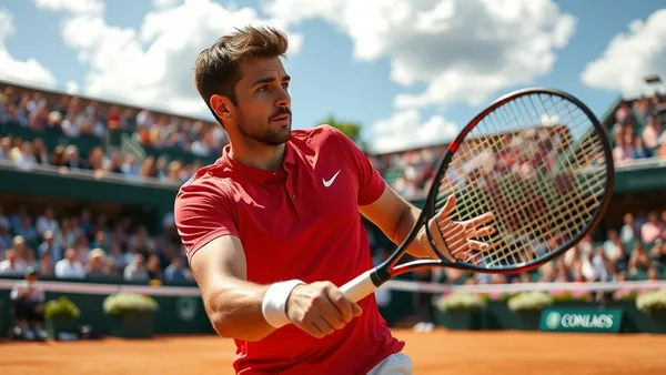 Quadra de saibro vermelho de Roland Garros com jogador de tênis em posição de finalização de forehand